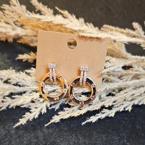 Rose Gold Rhinestone Circle Drop Earrings Minimal Glam